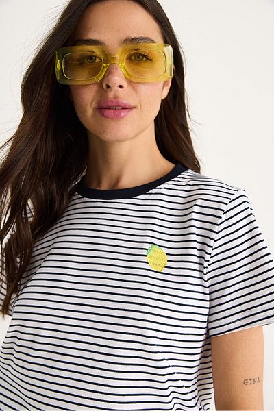 Bianco Lucci Women's Lemon Embroidered Striped Cotton Basic T-Shirt 3369 60283387