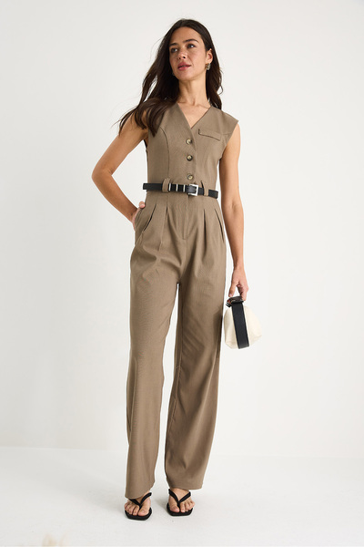 Bianco Lucci Women's V-Neck Belted Pocket Wide Leg Jumpsuit 90021 60283050