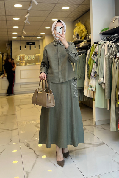 Vosse Si Design Haki Nakışlı Etekli Takım