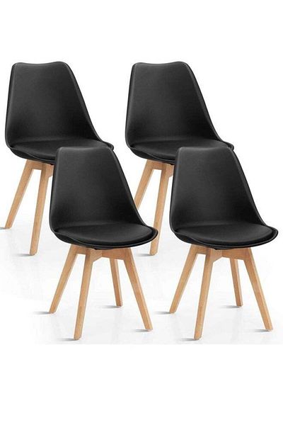 Taimi Pack of 4-Mid Century Modern Chair with Back Rest, Padded Seats and Solid Wood Legs, Black
