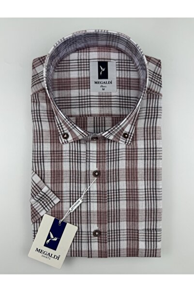 MEGALDİ Erkek Gül Kurusu Ekose Klasik Kesim Kısa Kollu Gömlek
