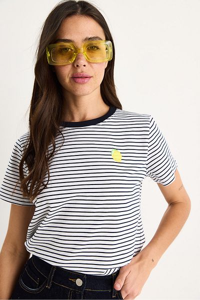 Bianco Lucci Women's Lemon Embroidered Striped Cotton Basic T-Shirt 3369 60283387