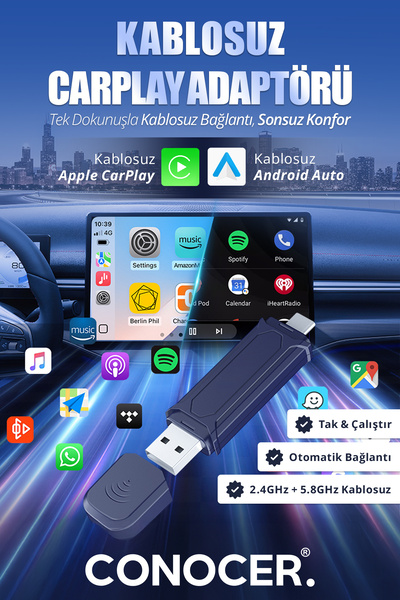 CONOCER Kablosuz Araç Adaptörü 2in1 Carplay & Android Auto Hızlı Bluetooth Wi...