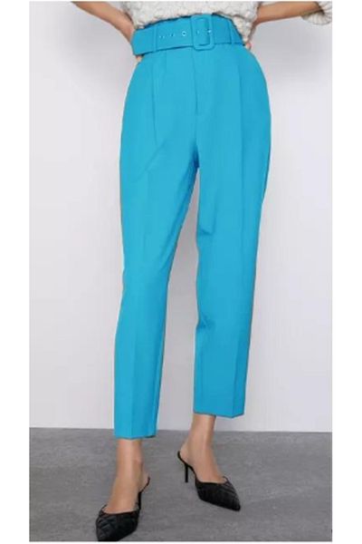 Intisimo Office Pants, High Waist, Belt Included, Turquoise - S