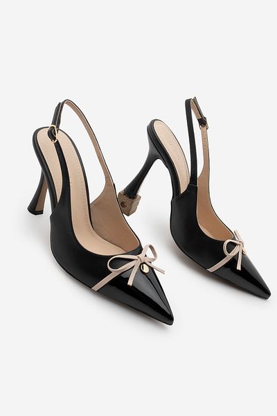 Marjin Women's Stiletto Pointed Toe Bow Detailed Slingback Heeled Shoes Ferosa Black