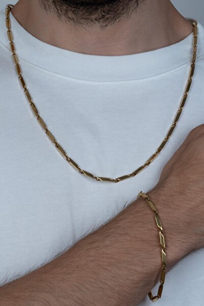 Takı Dükkanı Gold Sarı Renk Kare Küp Unisex Çelik Kolye ve Bileklik Seti eck05s