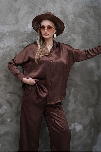 MODAMOR Brown Satin Fabric Shirt Pants Suit
