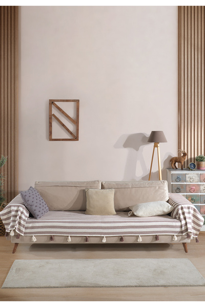 Lux Touch Pera Kahverengi Püsküllü Kolları Örten Koltuk Örtüsü 300x110 cm 3m Battal Boy Ponponlu Kanepe Çekyat