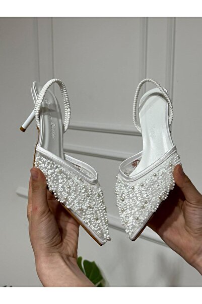 ERVANIN BUTİĞİ Beyaz File (Bride) Boncuk Detay Lastikli Kadın Stiletto