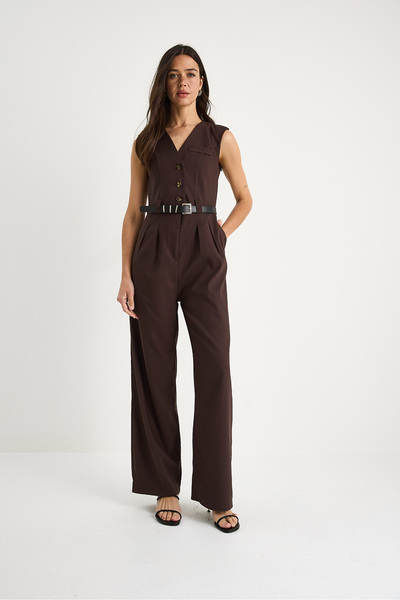 Bianco Lucci Women's V-Neck Belted Pocket Wide Leg Jumpsuit 90021 60283050