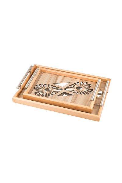 Dania A set of wooden trays and bowls with metal handles and a beautifully engraved glass-covered base.