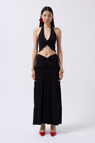 Black Fashion Fusta neagră cu talie asimetrică cu detaliu adunat