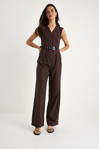 Bianco Lucci Women's V-Neck Belted Pocket Wide Leg Jumpsuit 90021 60283050