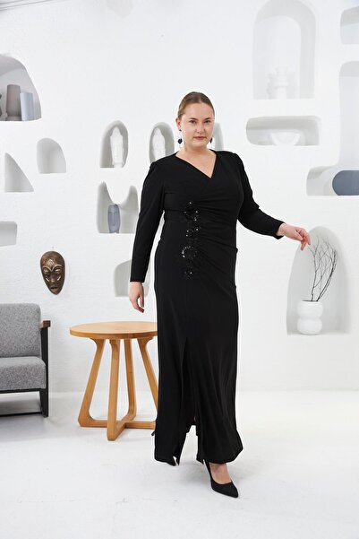 RMG Asymmetrical Drape Detail Lace and Applique Embellished Plus Size Evening Dress Black1