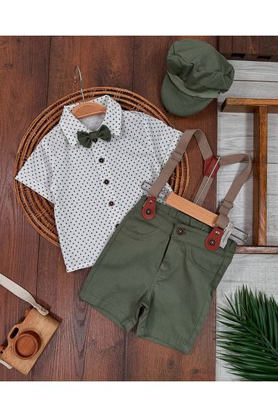 bebicix Aski Kemerli̇ Bow Tie Hat Polka Dot Shirt Linen Shorts 5-Piece Baby Boy Suit