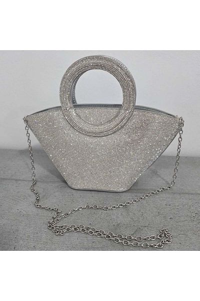 FashionForYou Trapezium evening bag, with detachable chain and sparkling crystals, Silver