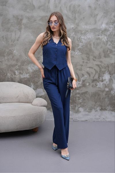 MODAMOR Navy Blue Women's Linen Look Double Suit (Vest & Trousers)