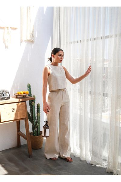 OUZ Fashion Women Linen Blouse and Pants Suit