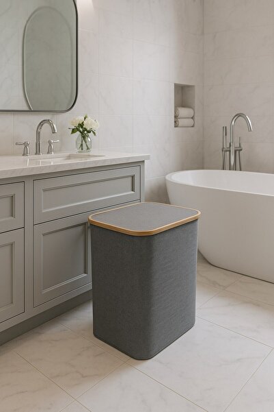 Arma House 60 lt Modern Gri Bez Katlanabilir Bambu Kapak Kirli Çamaşır Sepeti