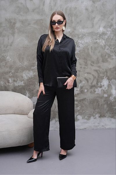 MODAMOR Black Satin Fabric Shirt Pants Suit
