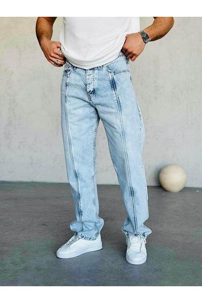 MODA Striped Baggy Jeans Pants Light Blue