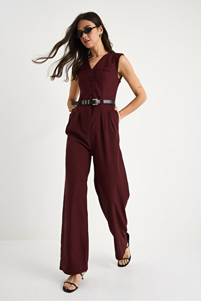 Bianco Lucci Women's V-Neck Belted Pocket Wide Leg Jumpsuit 90021 60283050