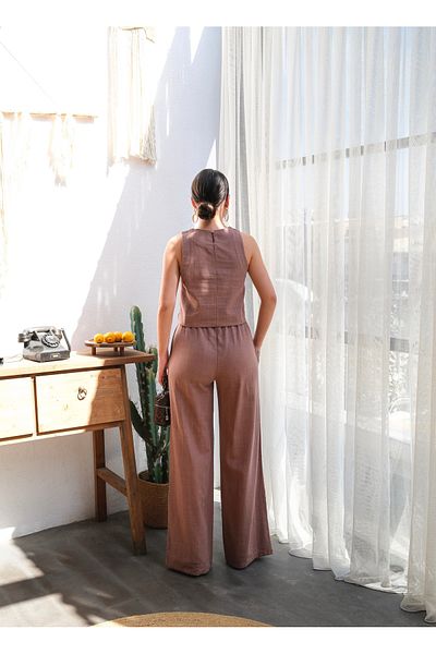 OUZ Fashion Women Linen Blouse and Pants Suit