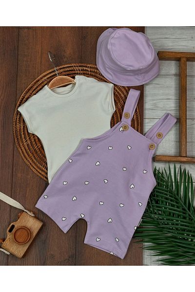 bebicix Body Bady Summer Salopet Baby Girl Suit with Heart Printed Hat and Shoulder Straps