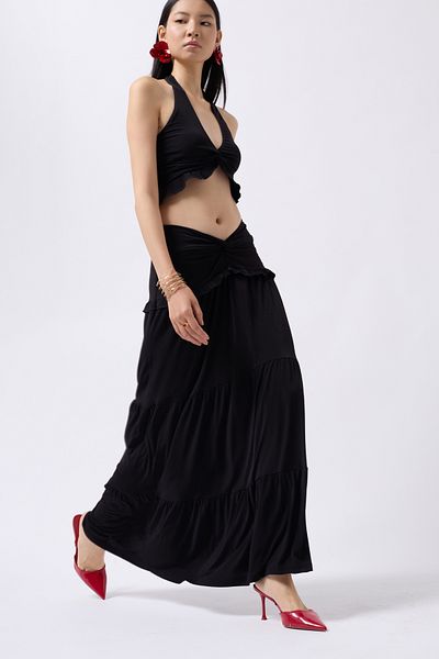 Black Fashion Fusta neagră cu talie asimetrică cu detaliu adunat