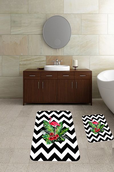 Pelangi Pink Filamingolu Bathroom Rug Double Toilet Seat with Non-Slip Base Bath Mat Set