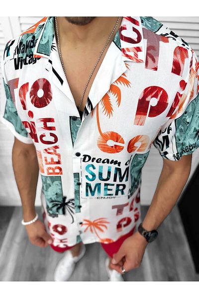 dehaine Men's summer shirt, floral pattern, orange, 13086