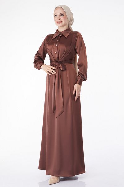 TOFİSA Cross Belt Detailed Evening Dress Brown - 25211