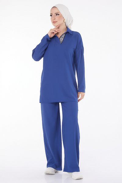 TOFİSA Set tunică și pantaloni albastru cu guler cămașă uni pentru femei - 13201