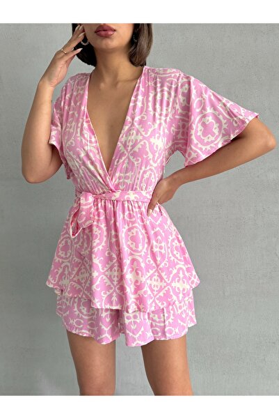 BEJNA Women's Pink Patterned Shorts Skirt Dress