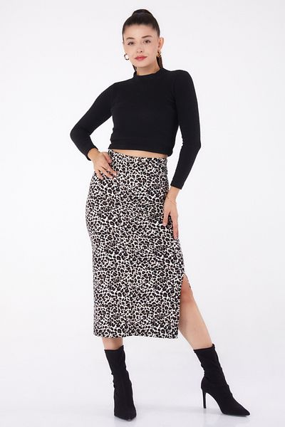 TOFİSA Leopard Patterned Slit Skirt Ecru - 26320