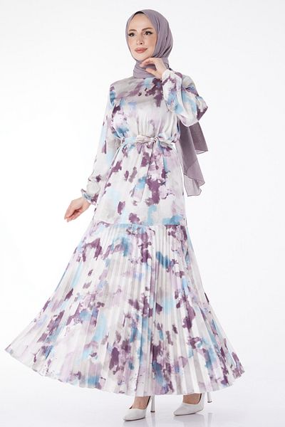 TOFİSA Skirt Pleated Detailed Patterned Evening Dress Lilac - 24882