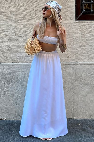 VAGGON Women's White Elastic Waist Lined Maxi Length Skirt Vs00153