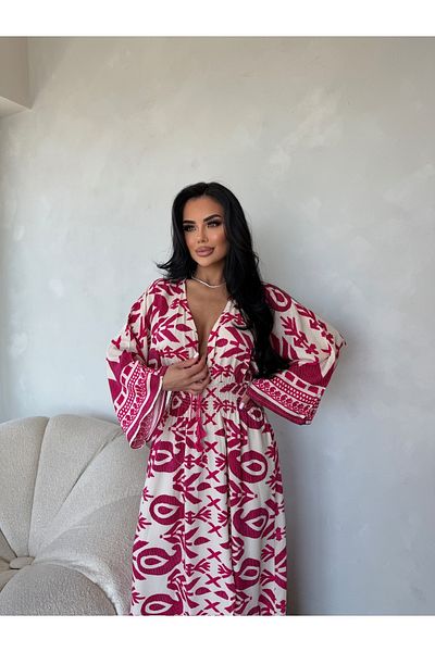LİLA İSTANBUL V-Neck Gimped Ethnic Patterned Bat Sleeve Summer Dress