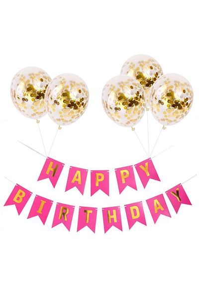 Ropet Set of 5 gold confetti balloons and dark pink Happy Birthday banner