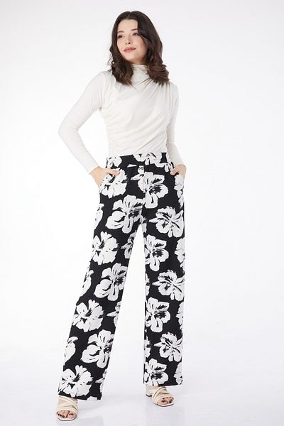 TOFİSA Patterned Trousers White Black - 25116