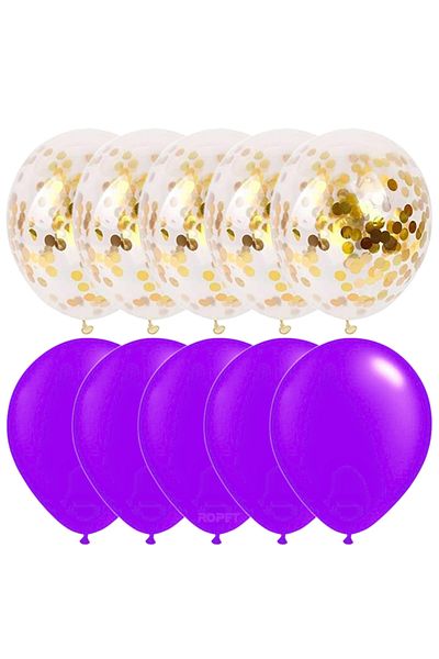 Ropet Set of 10 latex balloons, gold confetti, Purple, 30cm, Ropet