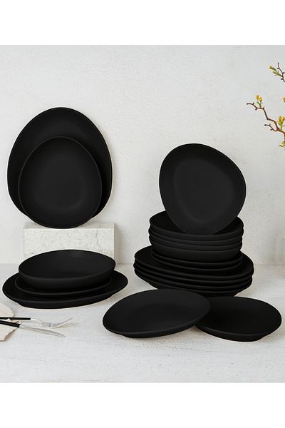 Berlinger Set de cină cu 18 farfurii, colecția din gresie, negru mat, potrivit pentru mașina de spălat vase și cuptorul cu microunde