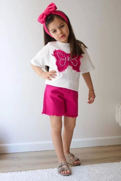 Kidmark Çocuk Modası Girl's Butterfly Pink Shorts Suit