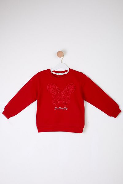 TOFİSA Girl's Red Butterfly Embroidered Sweatshirt - 26106