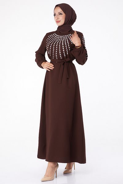 TOFİSA Plain Crew Neck Women's Brown Stone Detailed Dress - 26282