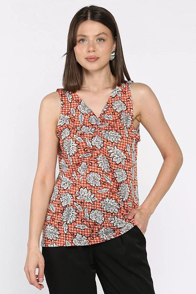 GÜLSELİ Tile Women's V-Neck Front Shirred Patterned Blouse