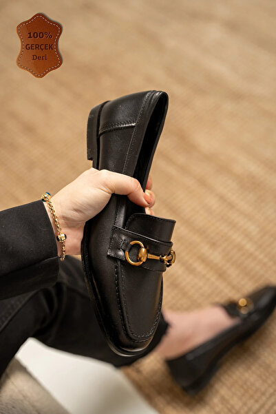 LAMİNTA Seul Siyah Gold Aksesuarlı Hakiki Deri Kadın Loafer