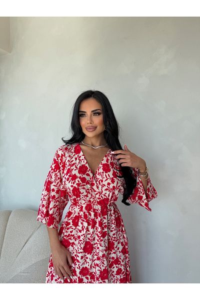 LİLA İSTANBUL Double Breasted Neckline Bat Sleeve Floral Print Viscose Fabric Slit Detail Summer Dress