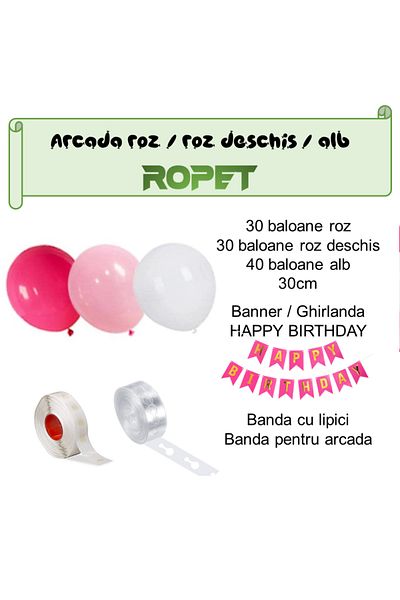 Ropet Balloon arrangement set for arch, Happy Birthday garland, 115 pcs, pink and white
