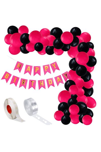 Ropet Balloon arrangement set for arch, Happy Birthday garland, 115 pcs, pink and black